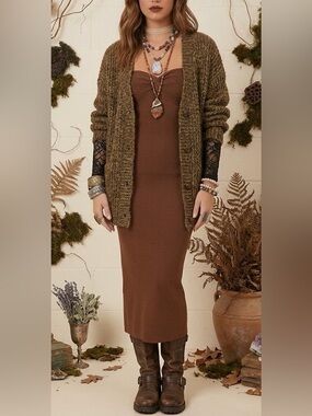 Earthy Woodland Fairycore /
Whimsigoth Ribbed Midi Dress Small